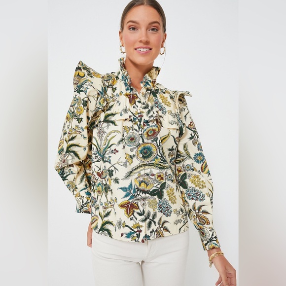 Tuckernuck Floral Ruffle Blouse - Cream and Green - Picture 6 of 16